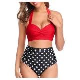 Tempt Me Women Two Piece Swimsuit High Waisted Bikini Halter Vintage Retro Bathing Suit Red Black Dot Push up Swimwear XL