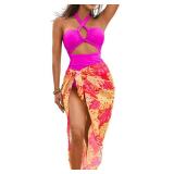 ChiaoLezhee Womenfts Tummy Control One Piece Swimsuit Matching Coverup Monokini with Sarong Wrap Skirt Set, Cheeky Cutout Tie Sexy Retro Halter Summer Beach Slimming Pool,Hot Pink Plant,X-Large