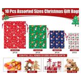 10 PCS Christmas Drawstring Gift Bags with Tags, Xmas Gift Bags Assorted Sizes Bulk, Large Medium Small Holiday Gift Bag Cotton Fabric Gifts Wrapping Bag for Christmas Presents Party Favor Goody Sack