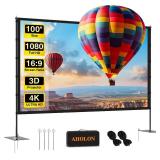 AHOLON Outdoor Projector Screen with Stand - 100 Inch Portable Projector Screen Indoor and Outdoor Projector Screens 16:9 4K HD Wrinkle Free Lightweight Movie Screen with Carry Bag,Enioy Movie Nights