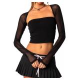 Coloquin Women Mesh Bolero Shrug Long Sleeve See Through Sheer Cardigan Shoulder Cover for Dress Black S