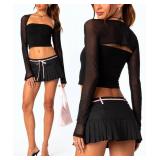 Coloquin Women Mesh Bolero Shrug Long Sleeve See Through Sheer Cardigan Shoulder Cover for Dress Black S