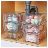 Vtopmart 4 Pack Stackable Storage Drawers,Clear Acrylic Drawer Organizers with Handles, Easily Assemble for Fridge, Bathroom,Kitchen Undersink,Cabinet,Pantry Organization and Storage