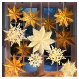 12Pcs Christmas Paper Snowflake Lanterns, 3D Christmas Paper Star Lanterns with LED Lights, 1012 Inch White Beige Khaki Hanging Snowflake Lamps Xmas Winter Frozen Wedding New Year Party Decorations