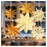 12Pcs Christmas Paper Snowflake Lanterns, 3D Christmas Paper Star Lanterns with LED Lights, 1012 Inch White Beige Khaki Hanging Snowflake Lamps Xmas Winter Frozen Wedding New Year Party Decorations