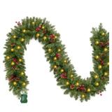 Joiedomi 9Ft Christmas Garland Prelit with Lights, 100 Warm White LED, 27 Pine Cones, 27 Red Berries for Home and Office Christmas Indoor and Outdoor Decorations (Battery Powered, not Included)