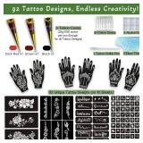 92 PCS Temporary Tattoo Stencils Kit, 3 Tattoo Ink Cones 3 Color (Black, Brown, Dark Red) and Tattoo Pen - Temporary Tattoo Kit, DIY Body Art for Adults, Women, Men, Kids