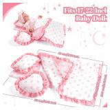 BABESIDE 4 Pcs Baby Doll Bedding Set for 17-22 Inch Babydolls, Babydoll Bed Accessories Dolls Blankets with Pillows for Reborn Baby Doll Accessories, Pink Flower and Rainbow Patterns