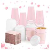 60 Pack Pink Coffee Cup with Lids Sleeves, 12oz Insulated To Go Paper Cups Pink Party Cups Disposable Paper Cups, Drinking Cup for New Year Anniversay Valentinefts Wedding Birthday Baby Shower Party