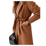 Ladiyo Womens Classic Coat Lapel Collar Open Front Belted Long Jacket