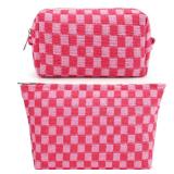 SOIDRAM 2 Pieces Makeup Bag Large Checkered Cosmetic Bag Capacity Canvas Mix Travel Toiletry Bag Organizer Cute Makeup Brushes Aesthetic Accessories Storage Bag for Women, Checkered Mix Rose Red