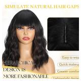 Ellieryan Black Mixed Brown Short Wavy Wig with Bangs 14 Inch Curly Bob Wigs for Women Natural Soft Heat Resistant Synthetic Wig for Daily Use and Party Halloween