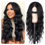 AISI HAIR Black Wig for Women, Long Wavy Lace Hairline Middle Part Synthetic Heat Resistant Wig for Daily Party-26 Inch