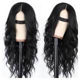 AISI HAIR Black Wig for Women, Long Wavy Lace Hairline Middle Part Synthetic Heat Resistant Wig for Daily Party-26 Inch