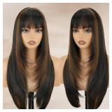 NOVFLKW Highlight Long Straight Layered Wig with Bangs for Women 26 inch Highlight Brown Put on Go Realistic Synthetic Heat Resistant Natural Wig for Girls Party Cosplay and Daily Use