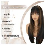 NOVFLKW Highlight Long Straight Layered Wig with Bangs for Women 26 inch Highlight Brown Put on Go Realistic Synthetic Heat Resistant Natural Wig for Girls Party Cosplay and Daily Use