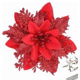 GREENTIME 12 Pcs Glitter Poinsettia 5.5\ Artificial Flowers Christmas with Clips Stems Xmas Tree Ornaments for New Year Party Stairs Fireplace Porch Balcony Garden Church Wreath Decoration (Red)in