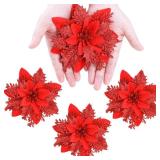 GREENTIME 12 Pcs Glitter Poinsettia 5.5\ Artificial Flowers Christmas with Clips Stems Xmas Tree Ornaments for New Year Party Stairs Fireplace Porch Balcony Garden Church Wreath Decoration (Red)in