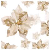 WILLBOND 36 Pieces Christmas Poinsettia Glitter Faux Flowers Christmas Artificial Flowers Tree Ornaments Topper Xmas Decorations(Gold)