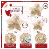 WILLBOND 36 Pieces Christmas Poinsettia Glitter Faux Flowers Christmas Artificial Flowers Tree Ornaments Topper Xmas Decorations(Gold)