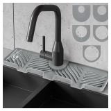 Hexola Silicone Faucet Splash Guard - 5°Slope Kitchen Sink Splash Guard, 17.8*5.2*0.8 Inch Faucet Mat for Kitchen Sink with 5 Sizes of Rubber Rings, Silicone Sink Mat for Kitchen Bathroom (Light Gray