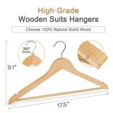 TOPIA HANGER Wooden Hangers 30 Pack, Natural Wood Clothes Hangers, Durable Coat Hanger with 360-Degree Rotatable Hook, Non-Slip Pants Bar and Shoulder Notches for Camisole Tops-CT34N30