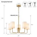 AMZASA Antique Brass Gold Chandelier with Shades, Electroplated Finish, 5 Light Modern Farmhouse Chandeliers with White Fabric Shade, Linear Island Chandelier Lights for Dining Room,Kitchen,Foyer