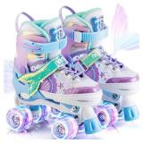NEMONE Mermaid 4 Size Adjustable Light up Roller Skates for Girls, Blue Purple Skates for Toddlers, Beginner Kids Roller Skates Indoor Outdoor (Blue S)