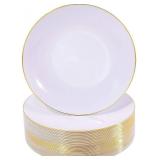 Nervure Gold Plastic Plates - 10.25 inch Gold Dinner Plates - Heavyweight White and Gold Disposable Plates Ideal for Wedding & Party
