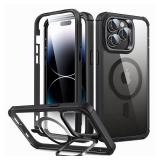 ESR for iPhone 14 Pro Case with Stand, Compatible with MagSafe, Full-Body Military-Grade Drop Proof Case with Built-in 9H+ Tempered Glass Screen Protector, Armor Series, Clear Black