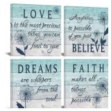 KLVOS 4 Panel Motivational Quote Canvas Wall Art Teal Blue Dandelion Picture Wooden Texture Poster Print on Canvas Modern Home Kitchen Bedroom Bathroom Wall Decor Framed Ready to Hang