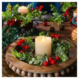 9 Mini Christmas Wreaths for Kitchen Cabinet Small Christmas Candle Rings Eucalyptus Wreath Pillar Candle Rings Table Centerpieces Hanging Garlands for Front Door Window Decor (Red Berry)