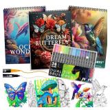 3Pcs Adult Coloring Book for Women Relaxation, 36 Colors Markers with Spiral Bound Adult Coloring Book for Women, 36 Dual Tip Colors Markers, Anxiety Relief Mindfulness Gifts(Ocean & Bird & Butterfly)