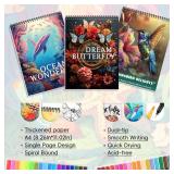 3Pcs Adult Coloring Book for Women Relaxation, 36 Colors Markers with Spiral Bound Adult Coloring Book for Women, 36 Dual Tip Colors Markers, Anxiety Relief Mindfulness Gifts(Ocean & Bird & Butterfly)