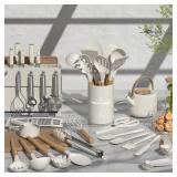 Umite Chef Silicone Kitchen Utensil Set, 34PCS Heat Resistant Kitchen Gadgets and Tools With Grater, Cream White Wood Handles for Nonstick Cookware