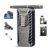 SOMGEM 5-in-1 Torch Lighter, Windproof Triple Jet Flame Butane Lighter with Built-in Cutter, Punch, Draw Enhancer and Holder Function, Refillable and Adjustable, Mens Gifts (Sold Without Gas)