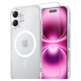 Temdan for iPhone 16 Plus Case Clear with Screen Protector, Compatible with Magsafe, Anti-Yellowing, Military-Grade Protection, Shockproof Slim Magnetic Phone Case Cover, Transparent