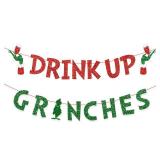 Christmas Banner Grinches Party Decorations Drink Up Banners Indoor, Glittery Christmas Decor Banner, Red Green Banner for Home Fireplace Decor