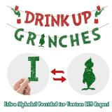Christmas Banner Grinches Party Decorations Drink Up Banners Indoor, Glittery Christmas Decor Banner, Red Green Banner for Home Fireplace Decor