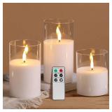 Eywamage Clear Glass Flameless Candles with Remote Timer, Flickering Battery LED Pillar Candles Set of 3