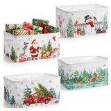 FoldTier 4 Pcs Christmas Storage Baskets for Gifts Large Foldable Christmas Baskets with Handles Xmas Winter Storage Boxes Farmhouse Xmas Gift Bins for Office Home Nursery Cloth Holiday Favors(Rustic)