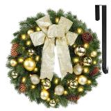 Hausse Lighted Christmas Wreath with Metal Hanger, Pre-lit Xmas Wreath with Large Golden Bow & Balls, Battery Operated with 40 LEDs Lights, for Front Door Gate Wall Christmas Party Decorations