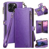 XcaseBar for iPhone 15 Pro 6.1 Wallet case with Zipper Credit Card Holder RFID Blocking,Flip Folio Book PU Leather Shockproof Strap Protective Cover Women Men for Apple 15Pro Phone case Purple