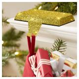 Glitter Stocking Holders for Mantle - Gold Metal Christmas Stocking Hangers, Weighted with Non-Slip Pad, Flat Holders for Mantle | TV Stand | Staircase