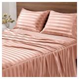 BEDELITE Satin Sheets Queen Size, Luxury Jacquard Striped Rose Pink Bedsheets with Elastic Corner Straps, Similar to Silk Sheets Set 4 PC with 1 Deep Pocket Fitted Sheet, 1 Flat Sheet, & 2 Pillowcases