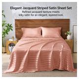 BEDELITE Satin Sheets Queen Size, Luxury Jacquard Striped Rose Pink Bedsheets with Elastic Corner Straps, Similar to Silk Sheets Set 4 PC with 1 Deep Pocket Fitted Sheet, 1 Flat Sheet, & 2 Pillowcases