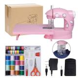 Sewing Machine for Beginners with Expansion Table and Foot Pedal and 42Pcs Sewing kit Finger Guard & Light Mini Small Portable Sewing Machines 2-Thread 2-Speed 2-Switches for Kids Ages 8-12 Peach Pink