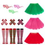 ZhouBoat Christmas Tutu Skirt Set for Girls, Kids 80s Outfits 3 Pack 4 Layer Festive Dresses with Matching Gloves Socks, Red Green Hot Pink Tulle Costume for Holiday Party Ballet Recital Gift