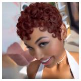 FREEKWEEN Short Curly Wig Pixie Cut Human Hair for Black Women 4# Chocolate Color Short Wig for Women Human Hair Layered Haircut Summer Glueless Wigs with Bangs Wear and Go Wigs