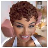 FREEKWEEN Short Curly Wig Pixie Cut Human Hair for Black Women 4# Chocolate Color Short Wig for Women Human Hair Layered Haircut Summer Glueless Wigs with Bangs Wear and Go Wigs